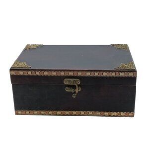 Vintage Wooden Jewelry Box With Brass Accents & Latch